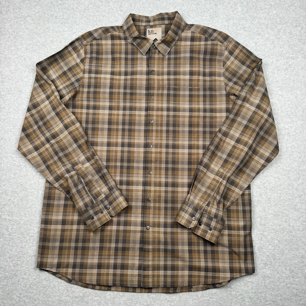 5.11 Tactical Shirt Mens Large Plaid 511 Brown Performance Snap Buttons Utility